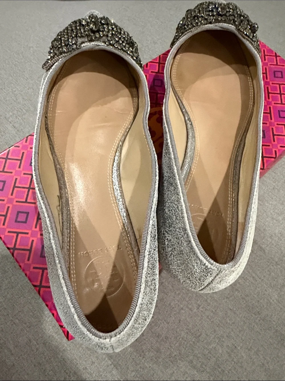 Tory Burch Silver Pointed Toe Embellished Women's Ballet Flats